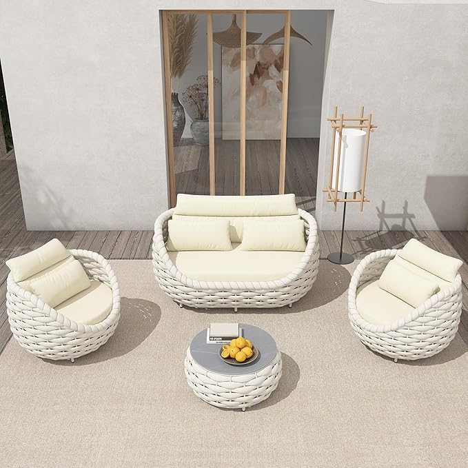TWT Outdoor 4-Piece Conversation Set Rust Free Patio Furniture Set Already Assembled Compact-Weave Rope Olefin Modern Sofa Seating with Thick & Washable Cushions for Indoor, Backyard, Balcony, Cream