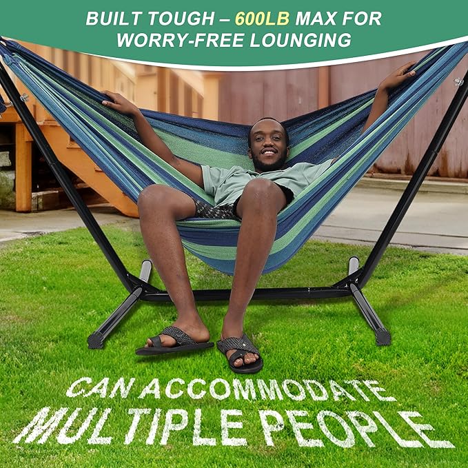 Hammock with Stand for Outside,600lb Weight Capacity 3-in-1 Adjustable Height Portable Hammock for Outdoor&Indoor Camping Backyard Bedroom(Hammock, Stand & Carry Bag)