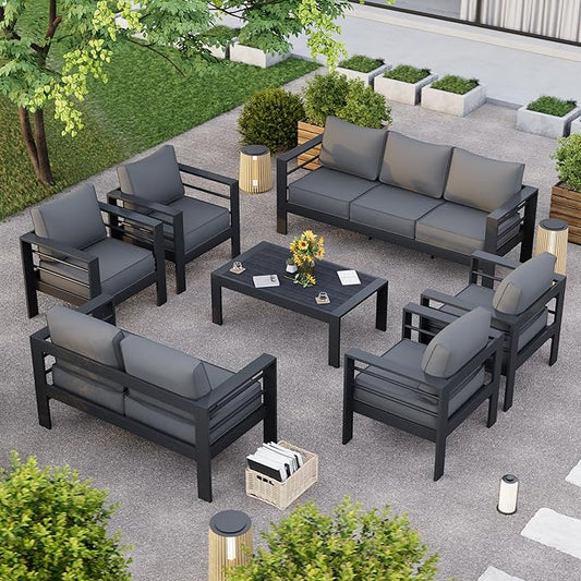 Aluminum Patio Furniture Set, 7 Piece Metal Outdoor Set, Patio Furniture Set with Waterproof Covers for Backyard Garden（Grey）