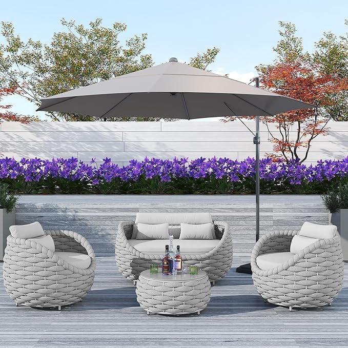 TWT Patio Furniture Sofa Set 4 Pieces Aluminum Outdoor Furniture w/27.8in Coffee Table,Patio Conversation Set with Hand Woven Textilene Rope for Backyard Garden Poolside,Light Gray