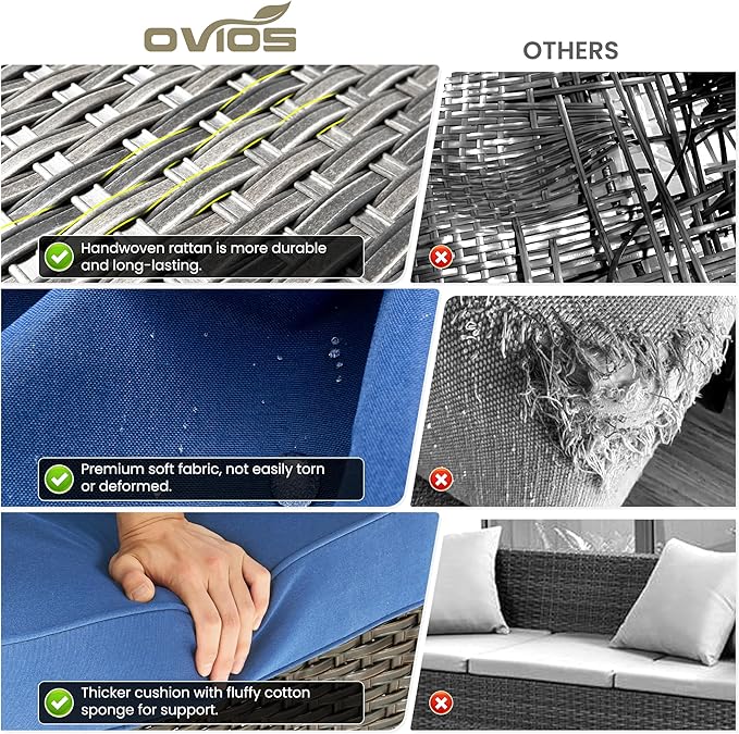 ovios 9 Pieces Patio Furniture Set, Outdoor Wicker Sofa Couch with Swivel Chairs Ottomans Comfy Cushions, All Weather High Back Modern Conversation Sets, Brown Rattan, Navy Blue