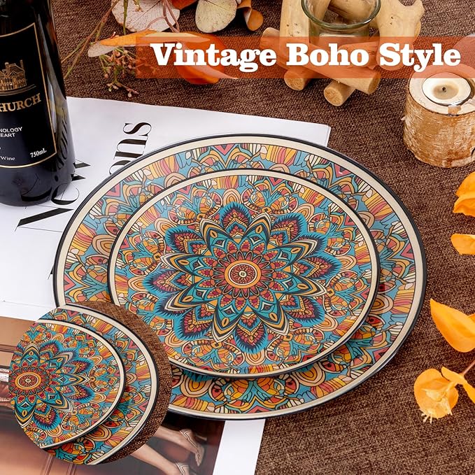 60PCS Bohemian Plastic Plates - Boho Plate Disposable - Vintage Bohemian Style Plate Include 30 Dinner and 30 Dessert Plates for Kitchen Party Decorative