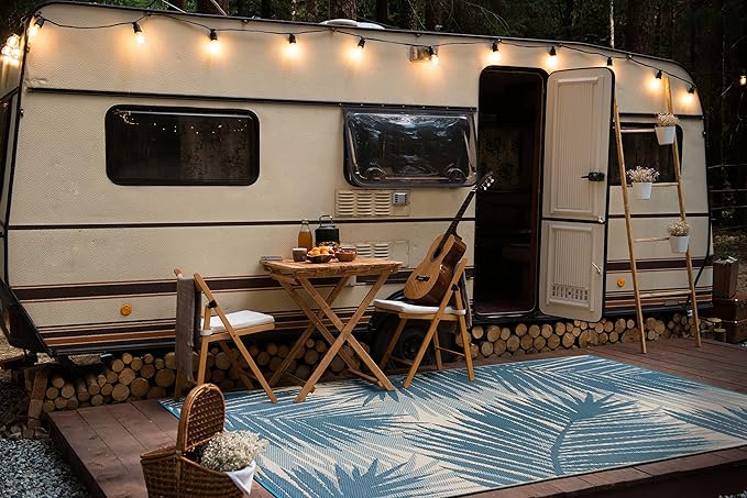 Rugshop Tropical Floral Reversible Crease-Free Waterproof Premium Recycled Plastic Outdoor Rugs for Patio,Backyard,RV,Deck,Picnic,Trailer,Beach,Camping Blue 7'10" x 10'