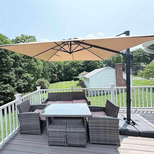 PURPLE LEAF 9 FT Outdoor Umbrella with Base Patio Cantilever Aluminum Umbrella with 3 Years Fade Resistance Recycled Fabric Offset Square with 360-degree Rotation for Deck Pool Garden, Sand Dune