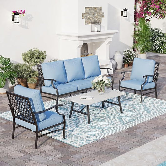 4 Piece Metal Outdoor Patio Furniture Sets, Patio Conversation Sets 1 3-seater Sofa, 2 Fixed Chair with 5.75" Extra Thick Cushion and Coffee Table, Black Frame Backyard Furniture, Blue