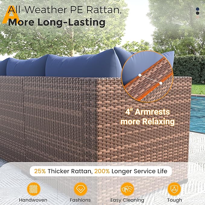 UDPATIO Outdoor Patio Furniture Set with Fire Pit Table, 8 Piece Outdoor Sectional Sofas, All-Weather Wicker Patio Conversation Set for Garden, Backyard Navy Blue