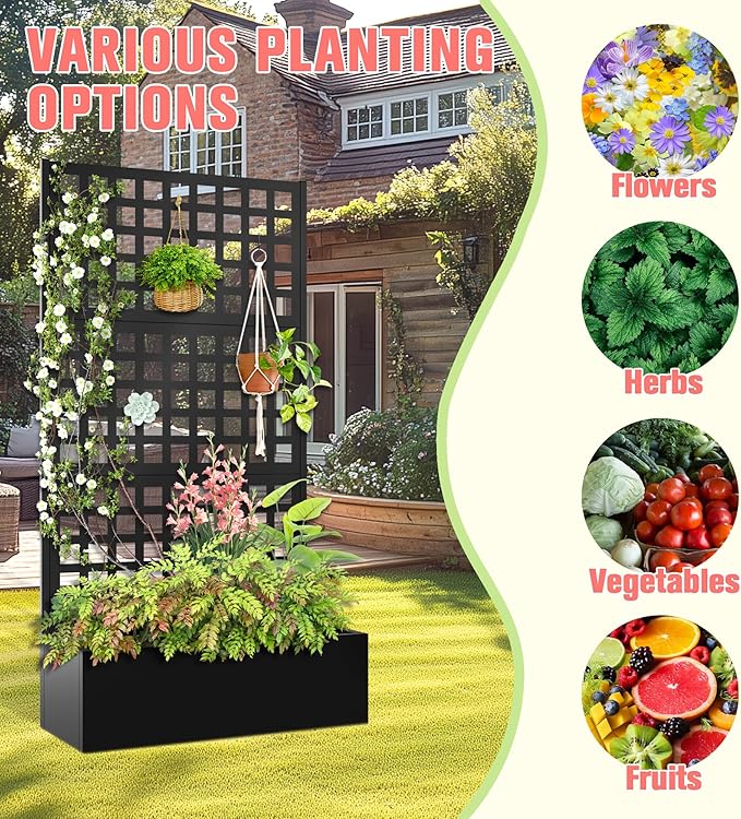 Metal Planter Box with Trellis, Raised Garder Bed with Drainage Hole, Outdoor Privacy Screen & Trellis for Climbing Plants, Plant Stands, 35''L×17''W×71''H, Black