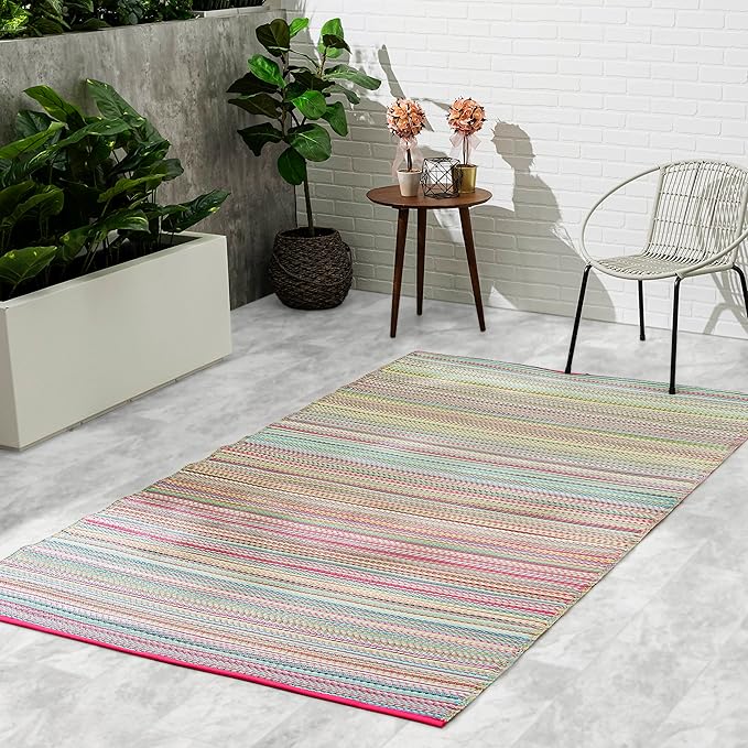 Fab Habitat Outdoor Rug - Waterproof, Fade Resistant, Crease-Free - Premium Recycled Plastic - Striped - Large Patio, Deck, Sunroom, Camping, RV - Cancun - Candy - 6 x 9 ft