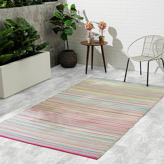 Fab Habitat Outdoor Rug - Waterproof, Fade Resistant, Crease-Free - Premium Recycled Plastic - Striped - Large Patio, Deck, Sunroom, Camping, RV - Cancun - Candy - 6 x 9 ft