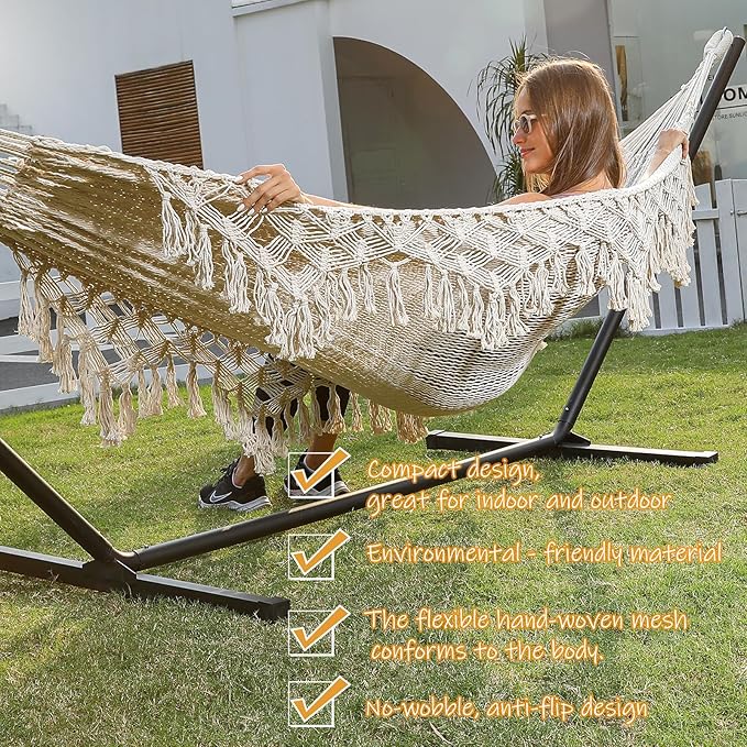 ZEAN Handwoven Hammock with Tassels by Thick Cotton Rope XL Two Person Hammock for Outside Patio Backyard Garden Beach 550LB Capacity