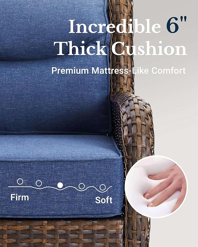 HILLGA Luxury Patio Furniture Set with 6-Inch Thick Cushions, High Back Outdoor Swivel Rocker Chairs Patio Loveseat and Couch, 6-Piece All Weather Conversation Set for Porch Deck Pool Yard, Blue (V3)