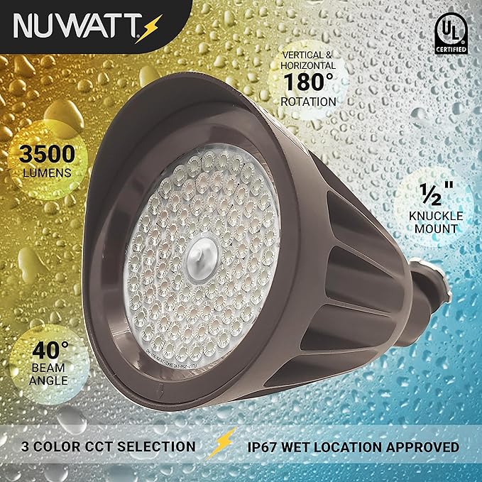 NuWatt 25W Bronze Bullet Spot Light Outdoor LED Landscape Floodlights, 3500 Lumens Bright Outdoor Light for Yard, 3000K/4000K/5000K Selectable, 1/2" Knuckle Mount, 120-277V Waterproof Flag Pole Lights