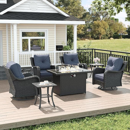 LayinSun 7 Piece Wicker Outdoor Furniture Set with 6-inch Comfy Cushions, High Back Patio Furniture Set with Swivel Rocking Chairs and Fire Pit Table