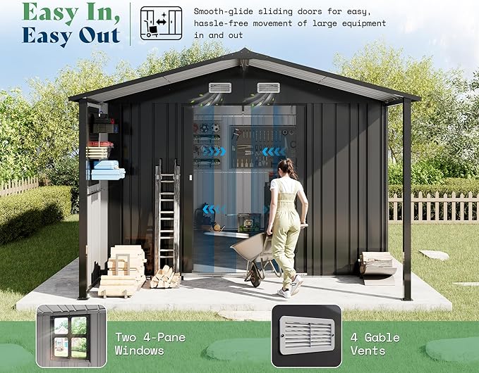 AMERLIFE 10x16.6x7.3 FT Metal Storage Shed with Lounge Area, Sliding Doors, 2 4-Pane Windows & Vents, Outdoor Tool Shed for Garden & Backyard, Heavy-Duty Weather-Resistant Steel, Dark Gray