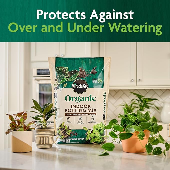 Miracle-Gro Organic Indoor Potting Mix, Protects Against Over and Under Watering, for Indoor Container Plants, Houseplants and Starter Plants, OMRI Listed, 8 qt., 2-Pack