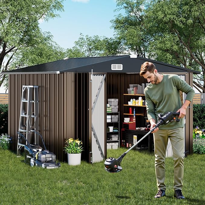COMHOMA Shed Outdoor Storage Shed Metal,Lockable Doors Tool Sheds with Sloping Roof,Steel Garden Shed with Air Vent for Backyard,Patio,Lawn,Poolside (Brown, 10'*10')