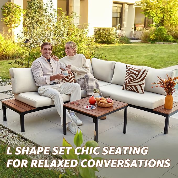 NATURAL EXPRESSIONS Patio Furniture Sets, Metal Outdoor Sectional L Shape Corner Sofa Outdoor Couch with Detachable Backrest,3 Fauxwood Tables,Black Frame,Beige Olefin Cushions for Yard,Garden