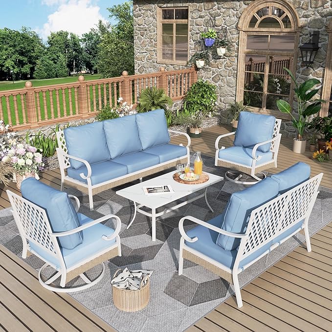 5 Piece Patio Furniture Set, 2 x Swivel Chair, 1 x 2-Seat Sofa, 1 x 3-Seat Sofa with Marbling Coffee Table, All Cushioned 7 Seats Outdoor Conversation Set for Lawn Garden Backyard, Blue
