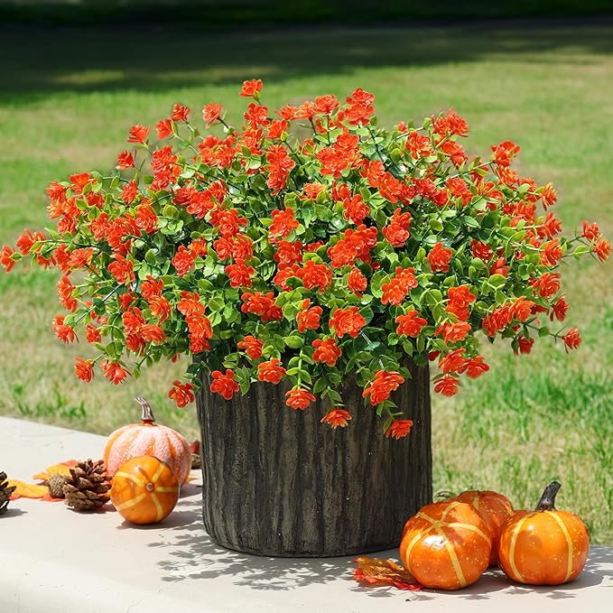 Ivydale Artificial Fall Mums Faux Flowers Plants for Outdoor Outside, 12 Bundles Fake Autumn Orange Daisy Flower Plastic Greenery Realistic UV Resistant for Front Porch Patio Balcony Garden Yard Decor