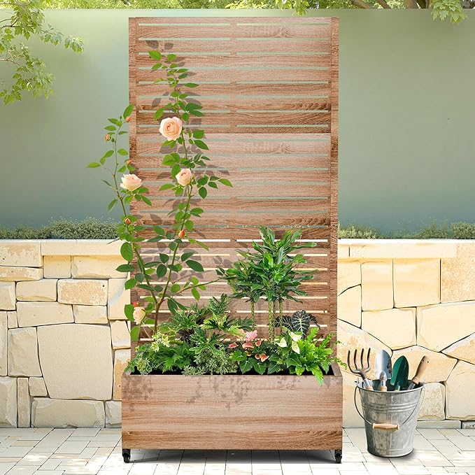 Raised Garden Bed with Trellis and Wheels,73"x47"x16" Metal Raised Garden Bed,Wood Finish Metal Planter with Climbing Trellis for Vines & Vegetables