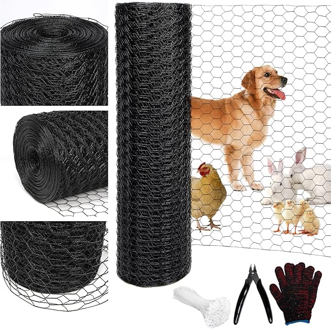 Black 19GA Chicken Wire 48inx150ft, Chicken Wire Fencing, Garden Fence, Metal Poultry Wire Netting, Galvanized PVC Coated Mesh for Animal/Rabbit/Floral/Chicken Coop/DIY Projects.