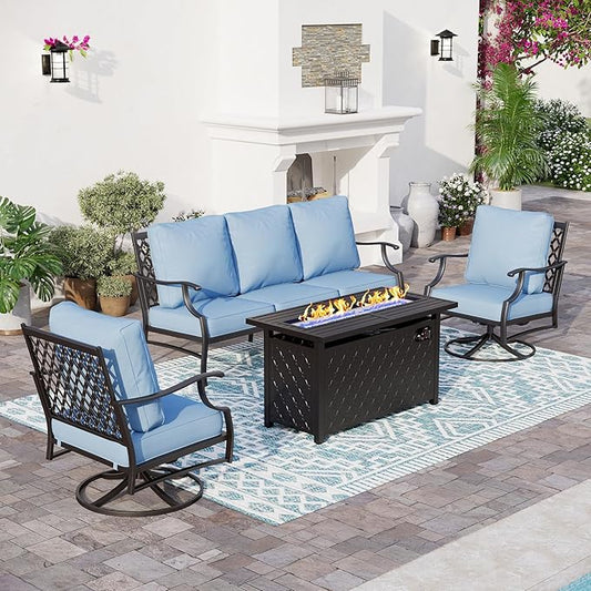 4 Piece Metal Outdoor Patio Furniture Sets with 5000 BTU Firepit Table, Patio Conversation Sets 1 3-seater Sofa, 2 Swivel Chair with 5.75" Thick Cushion, Black Backyard Furniture, Blue