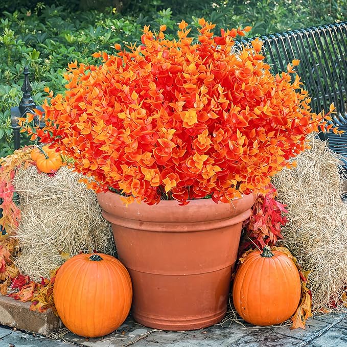 AmyHomie 20 Bundles Orange Fall Decor Artificial Flowers for Outdoor UV Resistant Faux Eucalyptus No Fade Fake Mums Plastic Plants Garden Porch Window Box Decorating