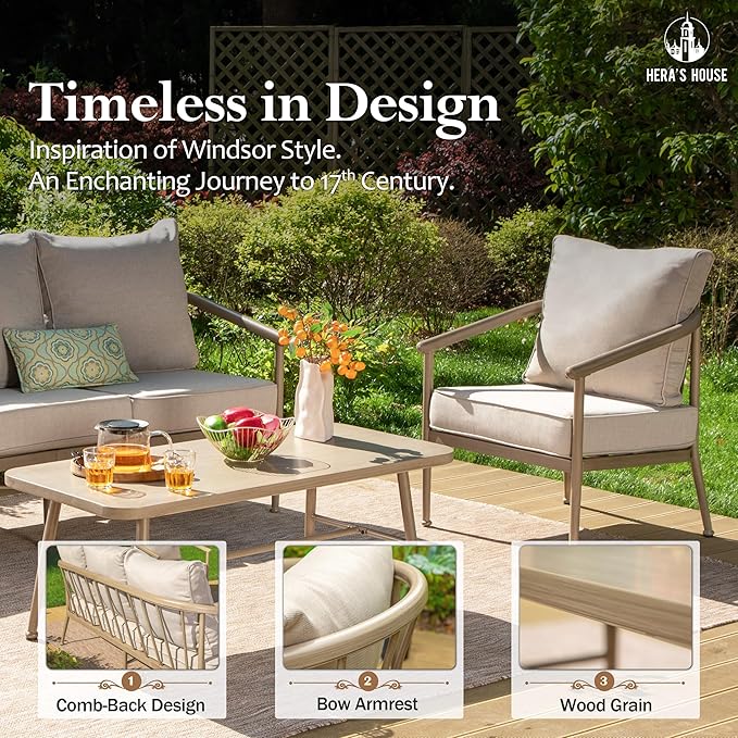 HERA'S HOUSE Patio Furniture Set, 2 x Cushioned Leg Chair, 3-Seat Sofa with Wood Grain Coffee Table, 5 Seats Luxury Windsor Style All Weahter Outdoor Sofa Conversation Set for Deck Lawn Backyard