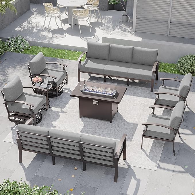 Kurapika Aluminum Patio Furniture Set 10-Seat Modern Metal Outdoor Conversation Sets w/45in Propane Fire Pit Table, Swivel Rocking Chairs Patio Sectional Sofa w/5.1 Inch Cushion, Grey