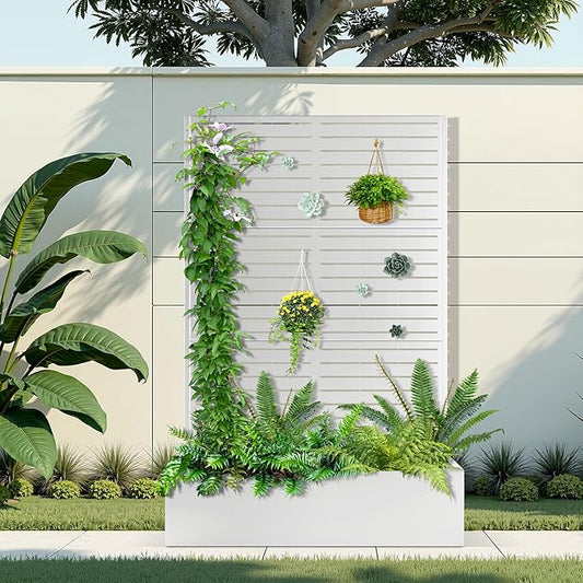 Metal Raised Garden Bed with Trellis, 2 in 1 Trellis with Planter Box & Privacy Screen for Climbing Plants, Vine, Outdoor Standing Flower Beds with Drainage Holes, 47" L x 16" W x 71" H, White