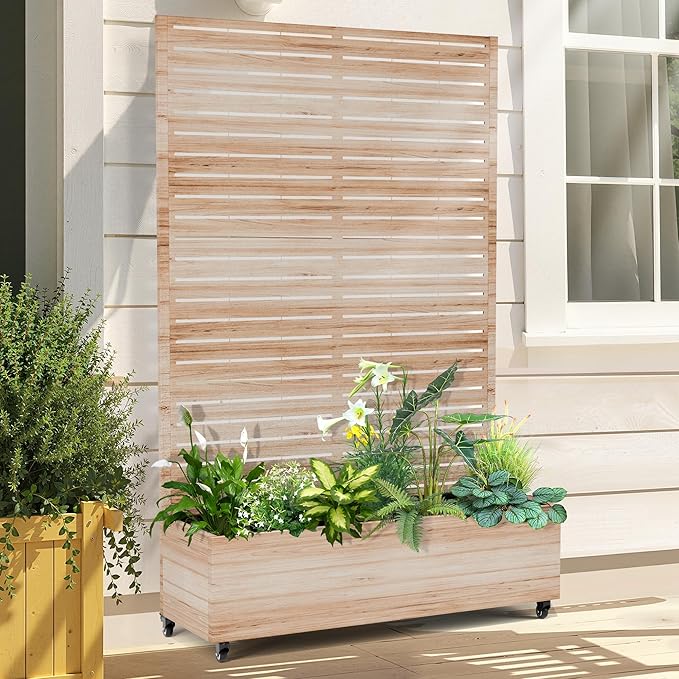 Raised Garden Bed with Trellis and Wheels,73"x47"x16" Metal Raised Garden Bed,Acacia Finish Metal Planter with Climbing Trellis for Vines & Vegetables