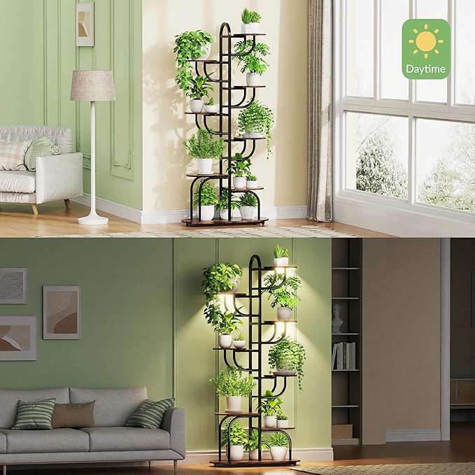 Arch Plant Stand Indoor | Large 8-Tiered Tall Plant Stand with Full Spectrum Grow Light | Corner Black Freestanding Display Shelf for Collectibles | Suitable for Living Room, Study, Entrance, Balcony
