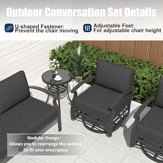 Kurapika Aluminum Patio Furniture Set 5-Seat Modern Metal Outdoor Conversation Sets w/5.1 Inch Cushion Patio Sectional Sofa, Black