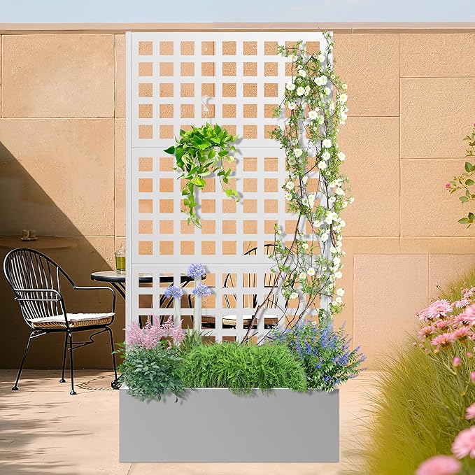 Metal Planter Box with Trellis, Heavy-Duty Raised Garden Bed for Climbing Plants, Drainage Hole, Outdoor Planter Box with Privacy Screen，35''L×16''W×71''H