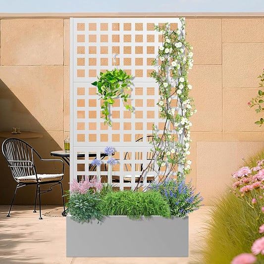 Metal Planter Box with Trellis, Heavy-Duty Raised Garden Bed for Climbing Plants, Drainage Hole, Outdoor Planter Box with Privacy Screen，35''L×16''W×71''H