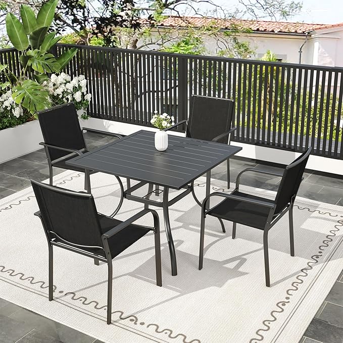 5-Piece Patio Dining Set, 35-Inch Square Outdoor Table with 4 Stackable Mesh Chairs, Black Metal All Weather Frame Set