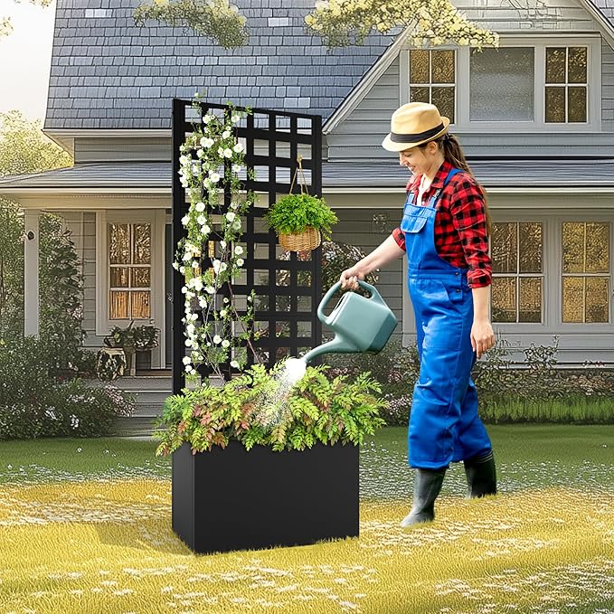 Metal Planter Box with Trellis, Raised Garder Bed with Drainage Hole, Privacy Screen & Trellis for Climbing Plants, Outdoor Plant Stands, 24''L×12''W×63''H, Black