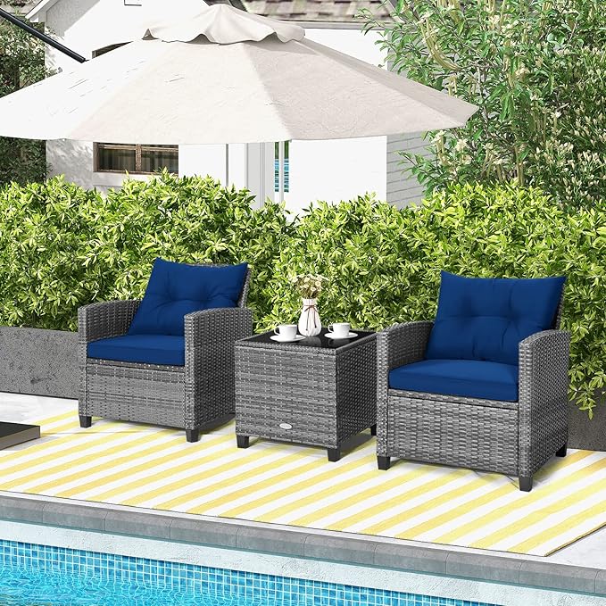 HAPPYGRILL 3 Pieces Patio Conversation Set, Outdoor Furniture Set PE Rattan Sofa Set with Removable Cushions, PE Wicker Chairs with Tempered Glass Side Table for Porch Lawn Garden Balcony Backyard