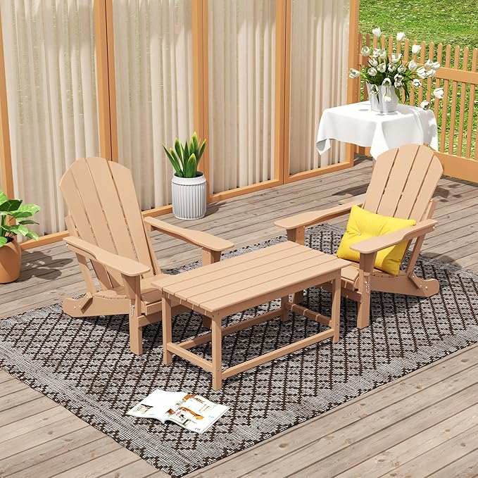 WO Home Furniture Adirondack Chairs Table Set of 3 PCS Outdoor Folding Chairs Coffee Table Weather/UV Resistant for Lawn, Garden, Bon Fire, Balcony (Teak)