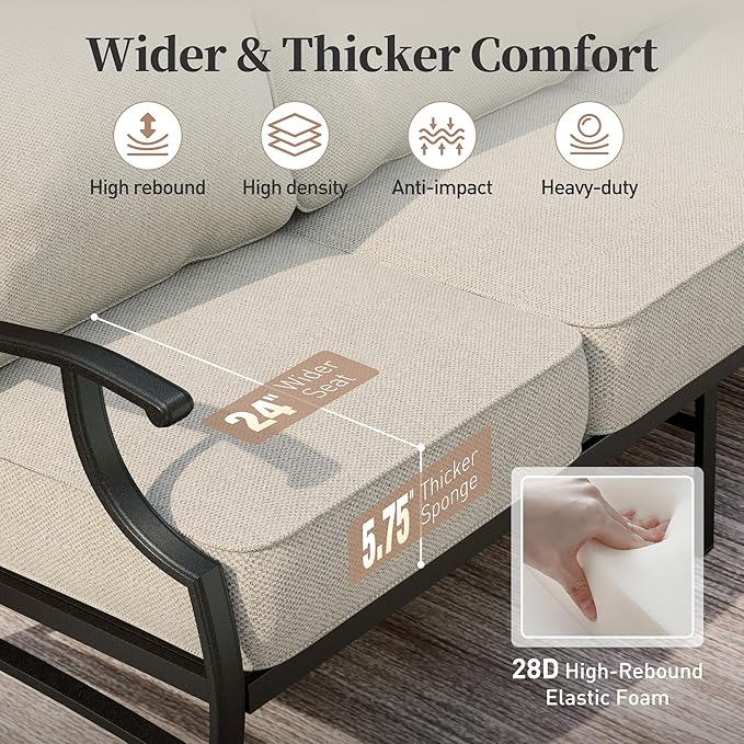 6 Piece Metal Outdoor Patio Furniture Set, Patio Conversation Set 1 3-seater Sofa, 2 Rocking Chair, 2 Leg Chair with 5.75" Thick Cushion and Coffee Table, Backyard Furniture Set, Beige