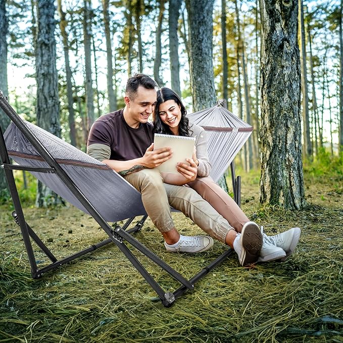 Tranquillo Universal Double Hammock with Stand Included for 2 Persons/Foldable Hammock Stand 600 lbs Capacity Portable Case - Inhouse, Outdoor, Camping, Grey