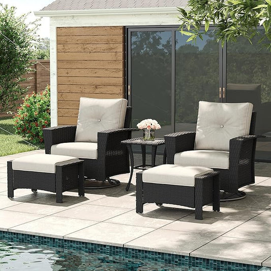 LayinSun 5 Piece Wicker Patio Furniture Set, Classis Outdoor Conversation 360 Degree Swivel Chairs Set with Coffee Table