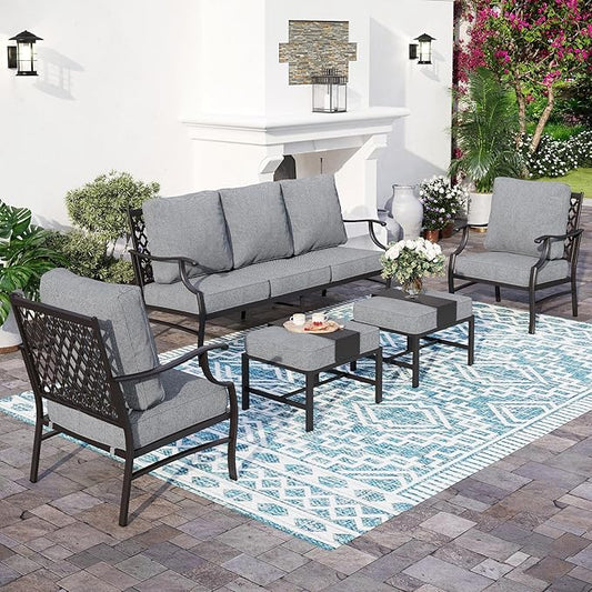 5 Piece Metal Outdoor Patio Furniture Set, Patio Conversation Sets 1 3-seater Sofa, 2 Fixed Chair, 2 Ottomans with 5.75" Thick Cushion, Black All-weather Frame Backyard Furniture, Gray