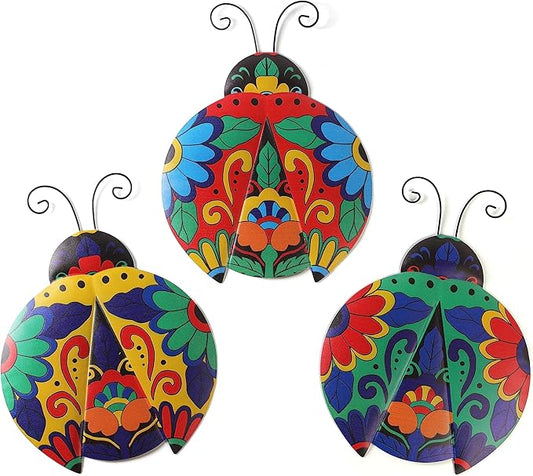 Scwhousi Metal Ladybugs Outdoor Wall Decor,Mexican Pottery Outdoor Decor,Talavera Garden Decoration Hanging for Fence,Yard, Patio,Living Room,Bedroom,Muticolored