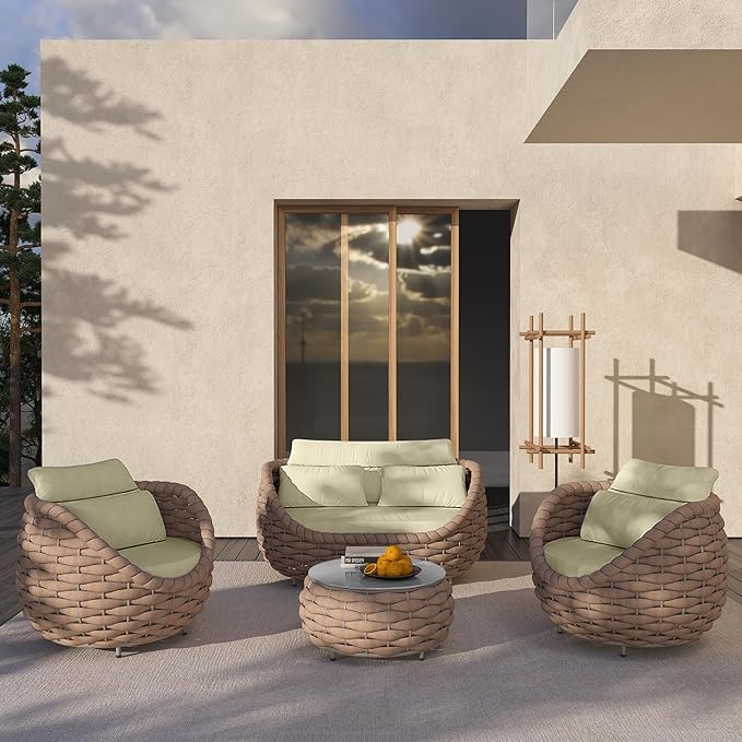 Aluminum Outdoor Patio Furniture Set with Coffee Table, 6 Piece Patio Conversation Sets with Washable Cushions Covers, Patio Sectional Furniture Set for Porch, Balcony, Deck, Yard, Light Brown