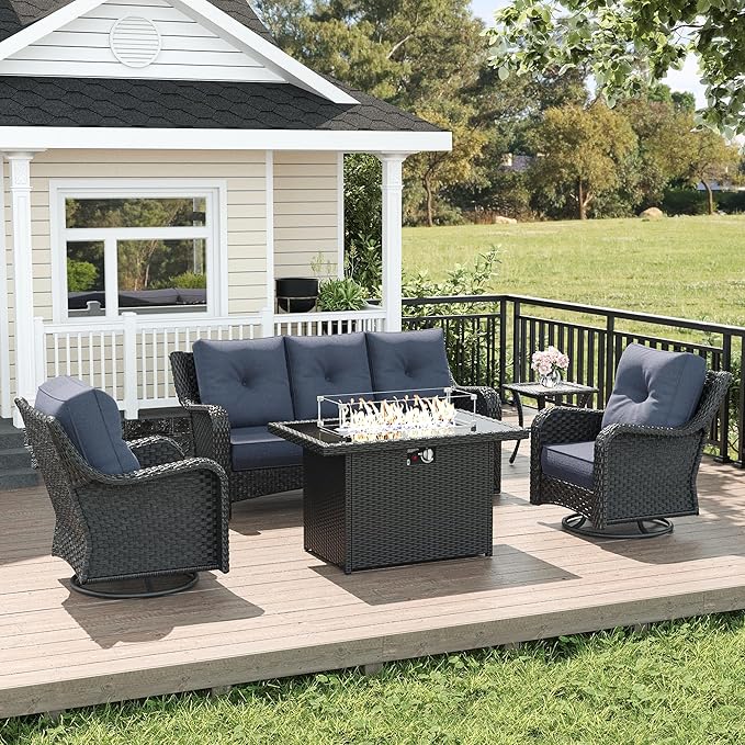 LayinSun 5 Piece Wicker Outdoor Furniture Set with 6-inch Comfy Cushions, High Back Patio Furniture Set with Swivel Rocking Chairs and Fire Pit Table