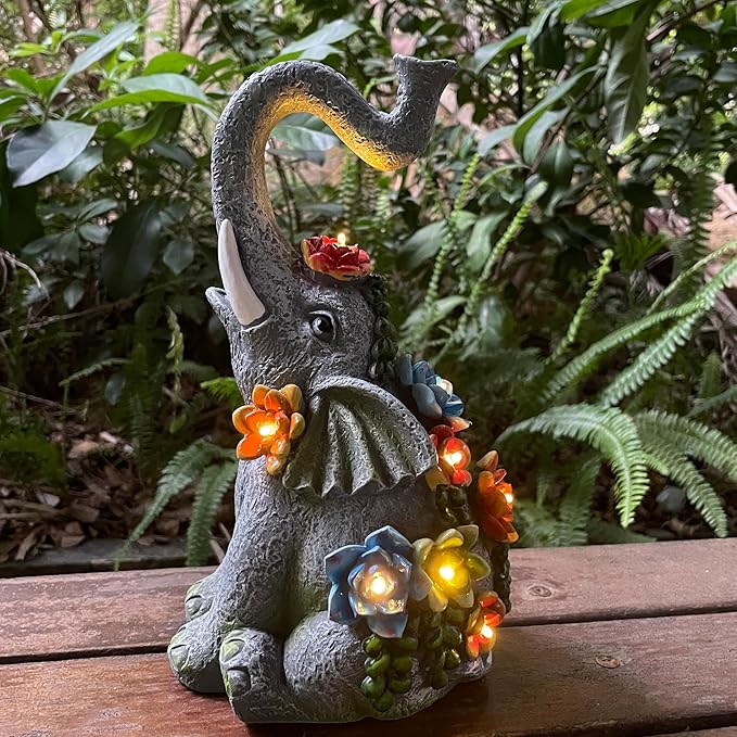 Solar Garden Statue Elephants Figurine with Solar Lights Outdoor Yard Decorations for Patio Porch Home Elephant Gifts for Women Mother's Day Housewarming Birtheday Gifts