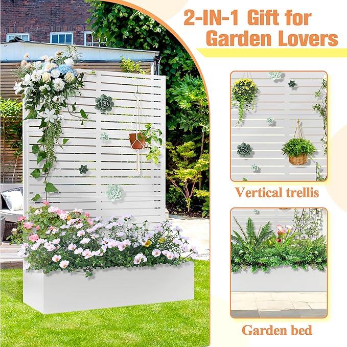 Metal Planter Box with Trellis, Raised Garder Bed with Drainage Hole, Privacy Screen & Trellis for Climbing Plants, Outdoor Plant Stands, 47''L×16''W×71''H, White