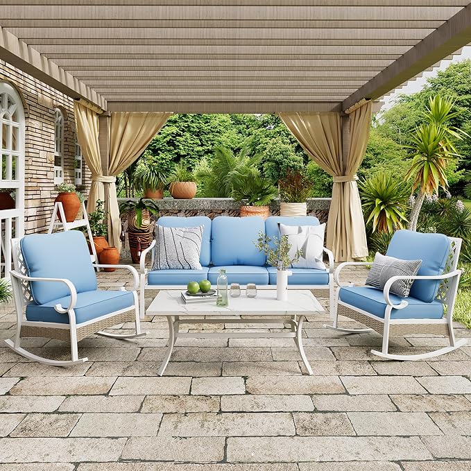 4 Piece Patio Furniture Set, 2 x Rocking Chair, 1 x 3-Seat Sofa with Marbling Coffee Table, All Cushioned 5 Seats Outdoor Conversation Set for Lawn Garden Backyard, Blue
