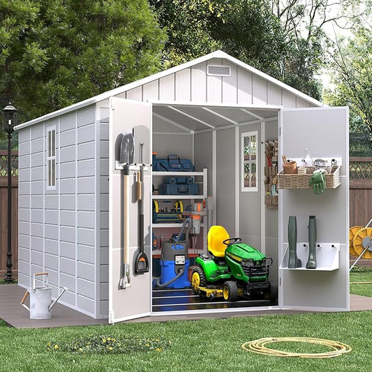 Resin Outdoor Storage Shed with Floor, 8x10.5 FT Plastic Garden Shed with Lockable Door & Window for Bike, Garbage Can, Lawn Mower, Bedge